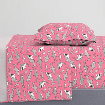 Spoonflower Sharks Shark Grey On Warm Pink Twin Sheet Set