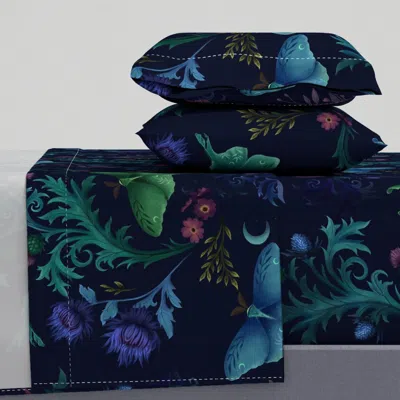 Spoonflower Sheila's Highland Midnight Luna Garden Dark Navy Moon Moth & Thistle Queen Sheet Set
