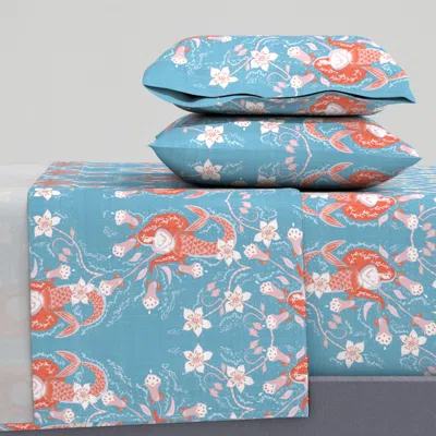 Spoonflower Siren And Vine - Blue Red And Cotton Candy Pink And Tangerine - Small King Sheet Set