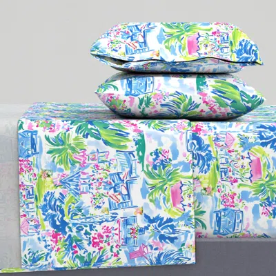 Spoonflower Sittin'-n-sippin' - Pink/green/blue King Sheet Set