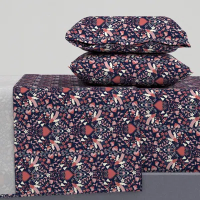 Spoonflower Small Dark Navy Love Birdies Sweet Valentines By Art For Joy Queen Sheet Set