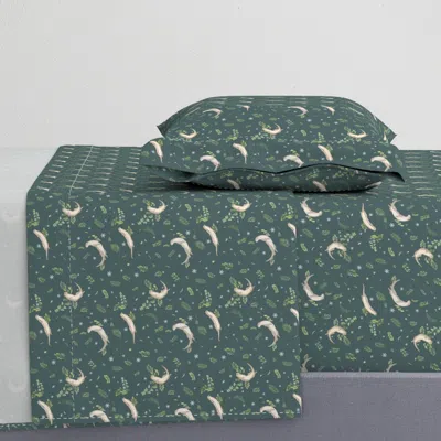 Spoonflower Small-scale - Cute Swimming Otter With Foliages And Snowflakes- Dark Green Twin Xl Sheet