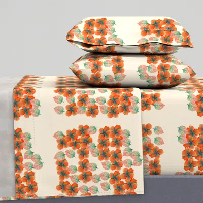 Spoonflower Soft Ivory - Hibiscus Scatter  - Centred Crop Queen Sheet Set
