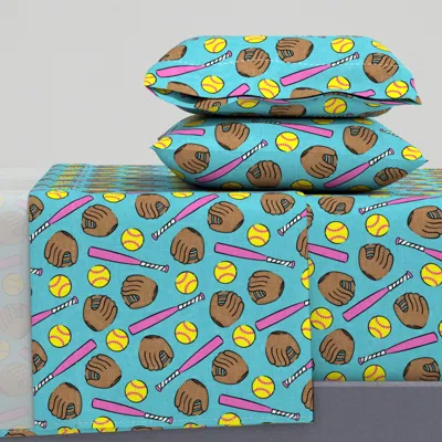 Spoonflower Softball - Softball Glove Bat Ball - Sports Pink On Blue - Lad20 Full Sheet Set