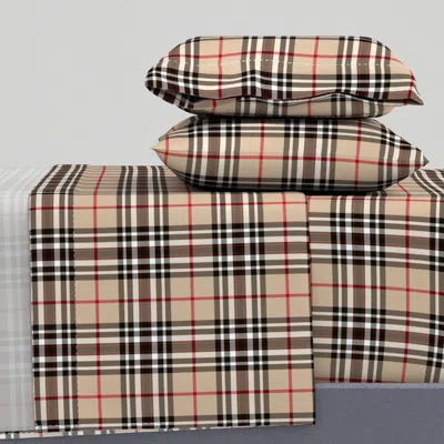 Spoonflower Southdown Tartan - 6" Beige/black/white Cal King Sheet Set