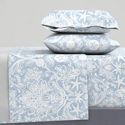 Spoonflower Damask With Seashells Icy Blue Full Sheet Set