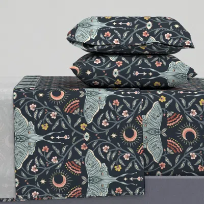Spoonflower Spring Garden Luna Moth Damask -moon Flowers -light Teal Slate Navy -large Full Sheet Se