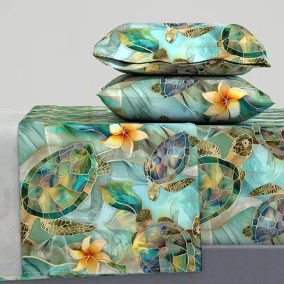 Spoonflower Stained Glass Sea Turtles And Flowers Queen Sheet Set