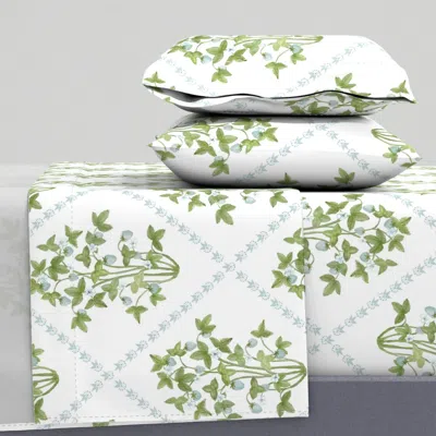 Spoonflower Strawberry Trellis Pale Aqua Blue And Green On White King Sheet Set