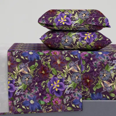 Spoonflower Summer Night In The Untamed Botanical Garden Of Purple Flowers - Plum Queen Sheet Set