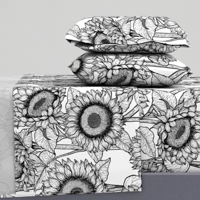 Spoonflower Sunflowers In Black And White Big Size Queen Sheet Set