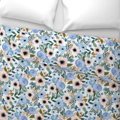 Spoonflower Sweet Meadow - Peach Pink Blue Floral Anemone Wallpaper Fabric Handpainted Wide Cotton Sateen 3.5 oz