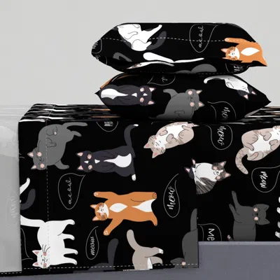 Spoonflower Talking Cute Cats On A Black Background King Sheet Set