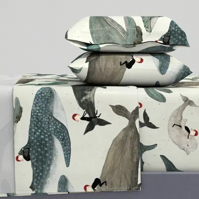 Spoonflower Tara The Whale Rider - Large - Soft Sage - Gentle Whales Dreamy Sea Queen Sheet Set In Green