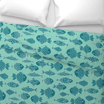 Spoonflower Teal Fishes On Turquoise - Large Wide Cotton Sateen 3.5 oz 26" X 20" Standard Knife Edge