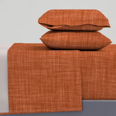 Spoonflower Terracotta Rust Faux Linen Textured Pattern Queen Sheet Set In Brown