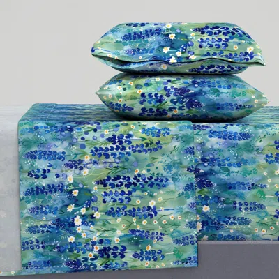 Spoonflower Texas Bluebonnets In Blues Greens Queen Sheet Set