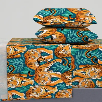 Spoonflower The Hunt - Stalking Tigers On Teal Blue And Green Queen Sheet Set