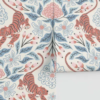 Spoonflower Tiger And Flowers - Terracotta Blush And Blue On Cream - Large Performance 2' X 12' In Multi