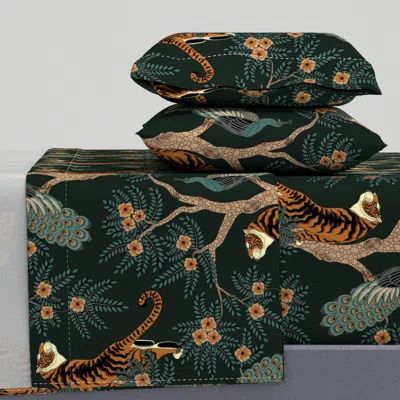 Spoonflower Tiger And Peacock Dark Green (large Scale) King Sheet Set