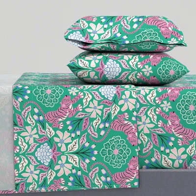 Spoonflower Tiger/pink And Green/large Queen Sheet Set