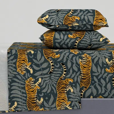 Spoonflower Tigers - Jumbo - Slate And Gray Queen Sheet Set In Blue