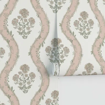Spoonflower Tina In Cream Background Odessa Pink And Sage Greens Performance 2' X 12' In Multi