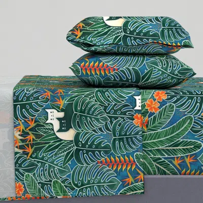 Spoonflower Tropical Cats Large Cat In Hawaiian Garden Monstera Aloha Hawaii Large Queen Sheet Set