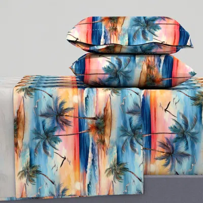 Spoonflower Tropical Seashore Beach Ocean Waves Sunset Palm Trees Seagulls M King Sheet Set