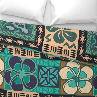 Spoonflower Tropical Tapa Teal Wide Cotton Sateen 3.5 oz 26" X 20" Standard Knife Edge