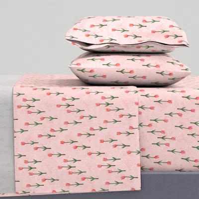 Spoonflower Tulips - Spring Flowers - Pink With Polka Dots - Lad19 King Sheet Set