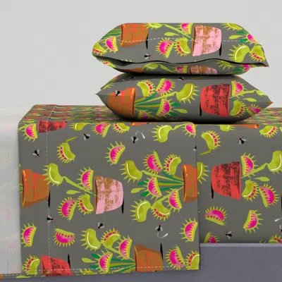 Spoonflower Venus Fly Trap Fabric Grey Queen Sheet Set In Gray