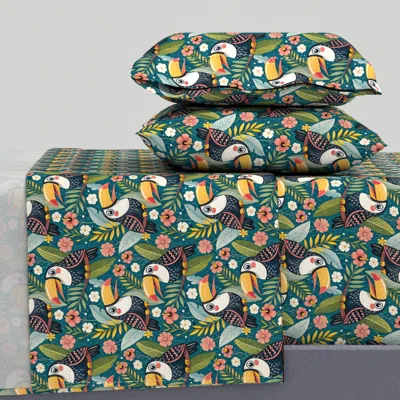 Spoonflower Vibrant Kawaii Toucans With Cheerful Smiles And Tropical Leaves On Sky Blue Full Sheet S