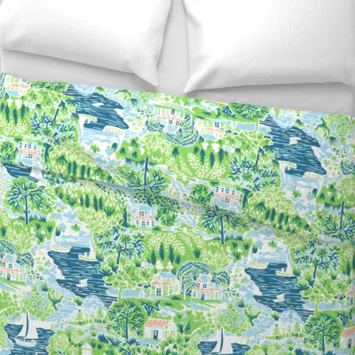 Spoonflower Villa Vibes Only In Green And Blue Wide Cotton Sateen 3.5 oz 26" X 20" Standard Knife Edge