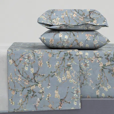 Spoonflower Vincent Van Gogh Almond Blossom In Pigeon Blue Sage Green Blush Pink Queen Sheet Set