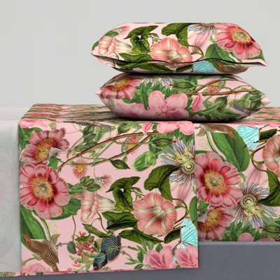 Spoonflower Vintage Birds + Pink Botanical Floral In Pink Queen Sheet Set