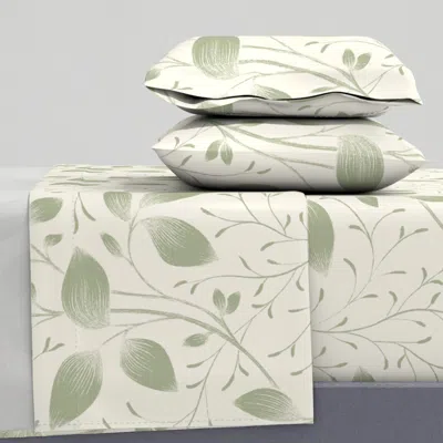 Spoonflower Vintage Botanical Sketch- Creamy White / Light Sage Green - Arts And Crafts Queen Sheet
