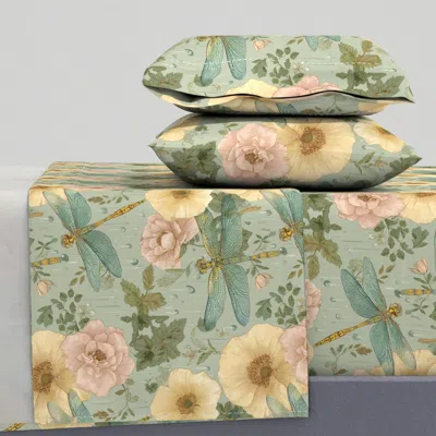 Spoonflower Vintage Dragonfly Botanical Garden Queen Sheet Set