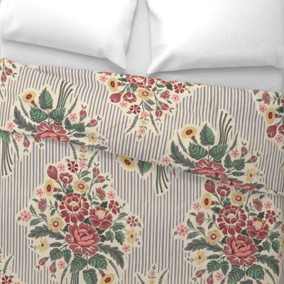 Spoonflower Vintage Floral Bouquet With Stripes -rich Red Yellow Blue Light -xlg Wide Cotton Sateen 3.5 oz 30" X In Brown