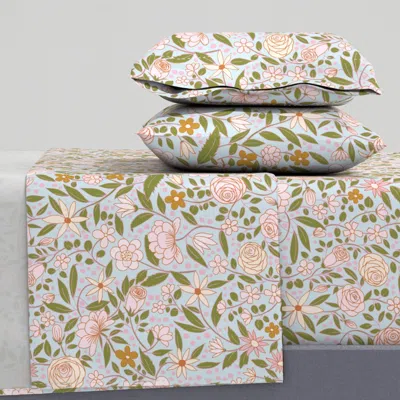 Spoonflower Vintage Floral Meadow Wildflower Garden Pastel Pink Green Blue M King Sheet Set
