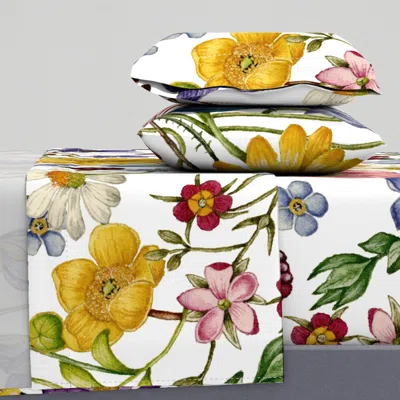 Spoonflower Vintage Florals Handpainted Botanical Wildflowers Soft Off White Large Queen Sheet Set
