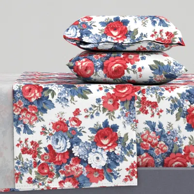 Spoonflower Vintage Flowers Shabby Roses Red White And Blue Full Sheet Set