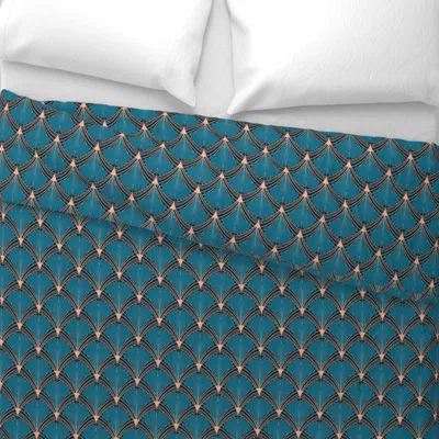 Spoonflower Vintage Glamour Ginko - Deep Aqua And Pale Salmon On Navy - Small King Pillow Sham In Blue