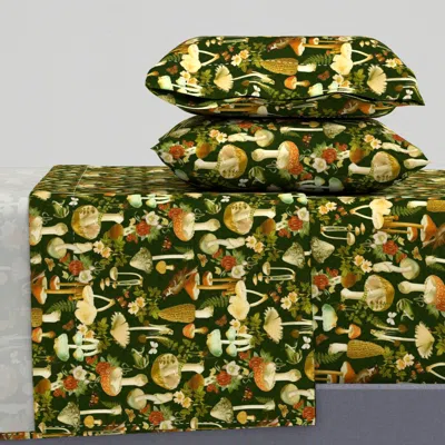 Spoonflower Vintage Mushrooms In Dark Moss Green Queen Sheet Set