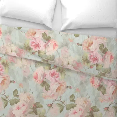 Spoonflower Vintage Pink Roses Blue Background Euro Pillow Sham