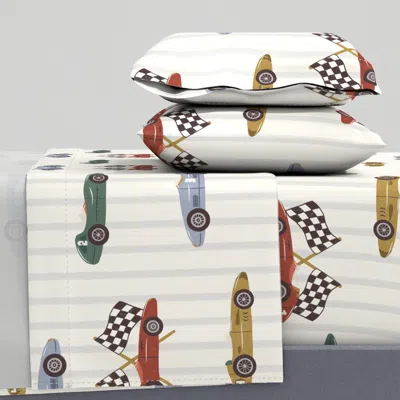 Spoonflower Vintage Race Cars Pattern - Retro Grand Prix Kids Decor On Stripes - Large Queen Sheet S