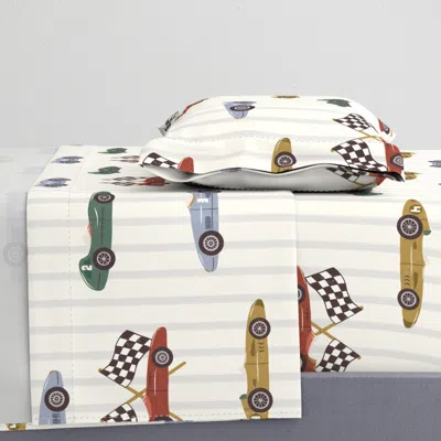 Spoonflower Vintage Race Cars Pattern - Retro Grand Prix Kids Decor On Stripes - Large Twin Sheet Se