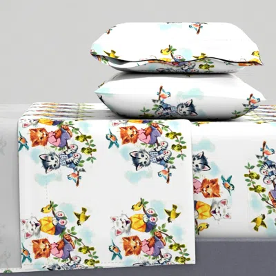 Spoonflower Vintage Retro Kitsch Cats Kittens Birds Sky Clouds Children Nursery Queen Sheet Set