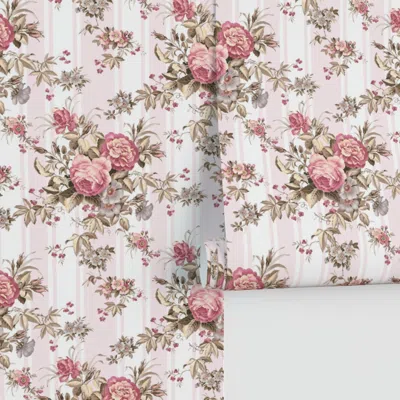 Spoonflower Vintage Romantic Chinoiserie Floral Roses Bouquets Classic Heritage Stripes Performance 2' X 12' In Pink