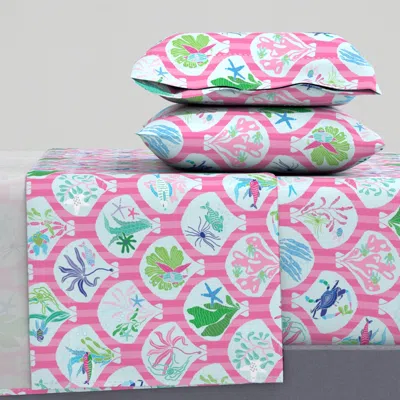 Spoonflower Vintage Sea Life Scallops & Stripes - Tropical Pink & Turquoise King Sheet Set